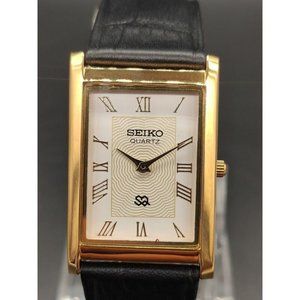 Seiko Gold Rectangular Dress Watch with Black Leather Strap